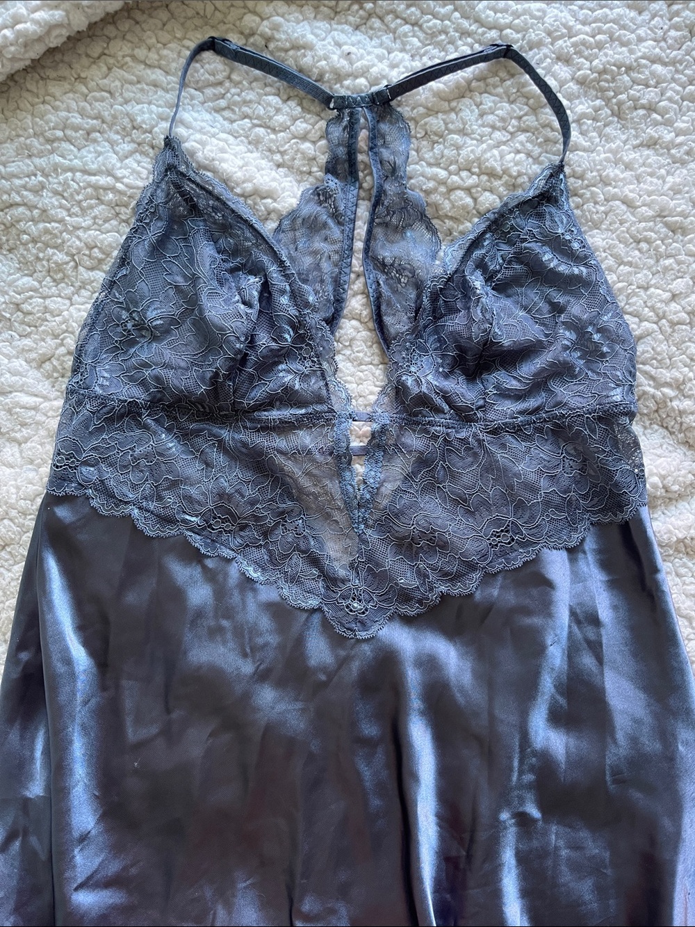 La Vie En Rose Greyish Blue Lace Satin Lingerie Mesh Dress Camisole